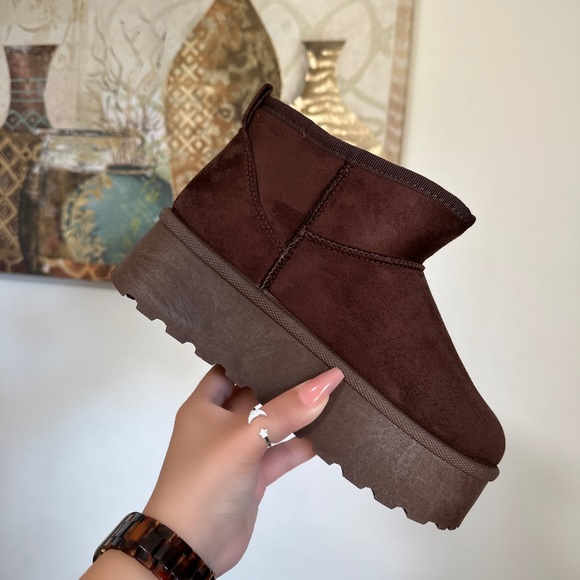 NWT!! WOMENS CHOCOLATE BROWN FUR LINED MINI PLATFORM WARM BOOTS - Picture 6 of 9